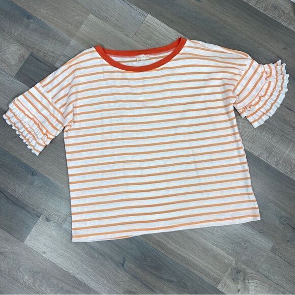 Hem & Thread Striped Slub Knit Short Ruffle Sleeve T-shirt White Orange Large - Picture 11 of 12